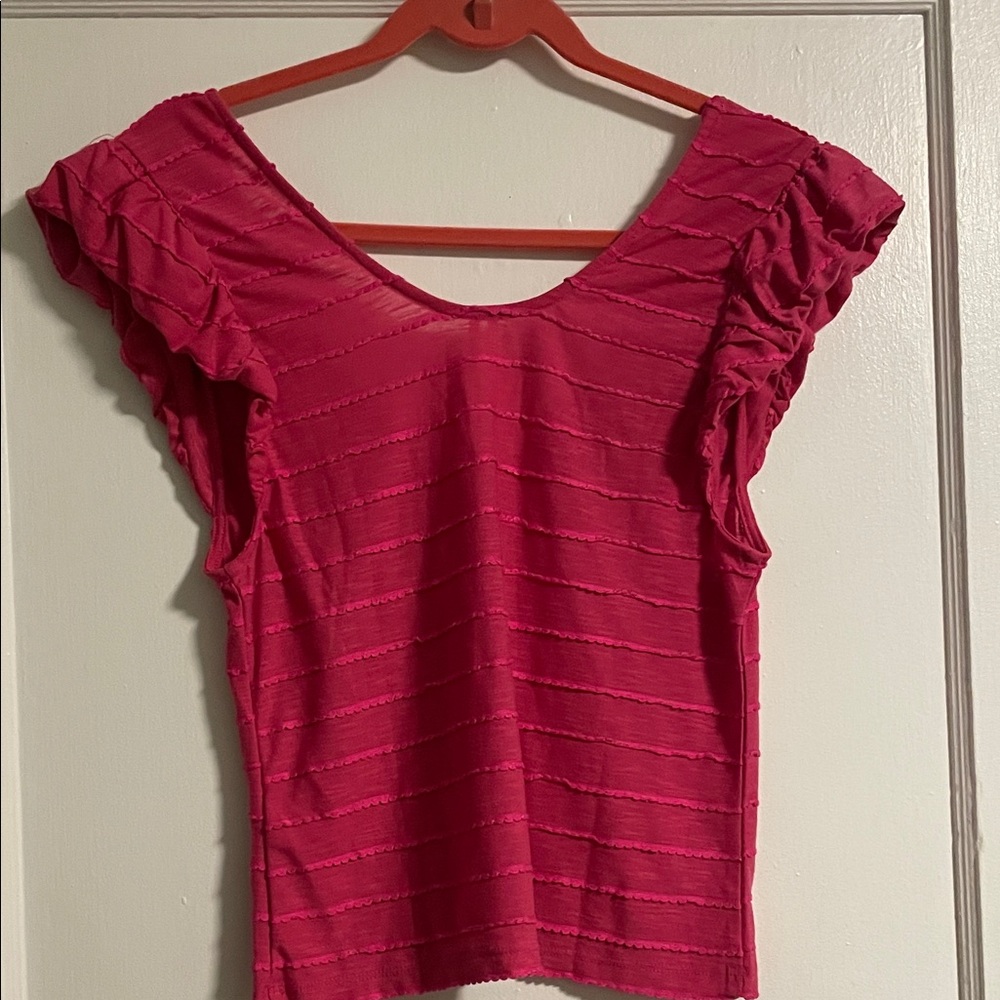 Anthropologie Raspberry V-Neck Ruffle Sleeve Tank - Picture 9 of 9